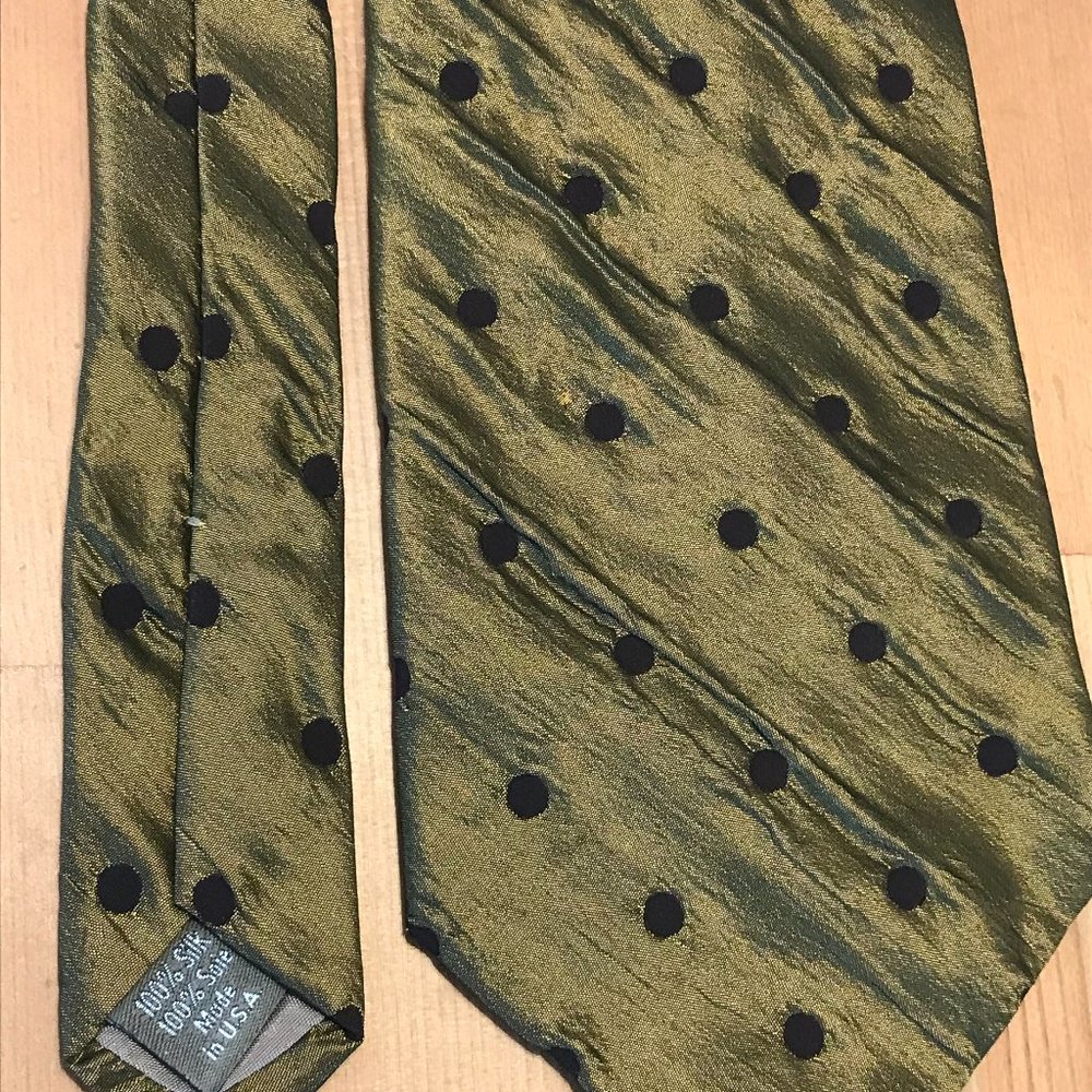 Calvin Klein 100% Silk tie in Olive Green/Bronze Shiny Silk with Black Dots